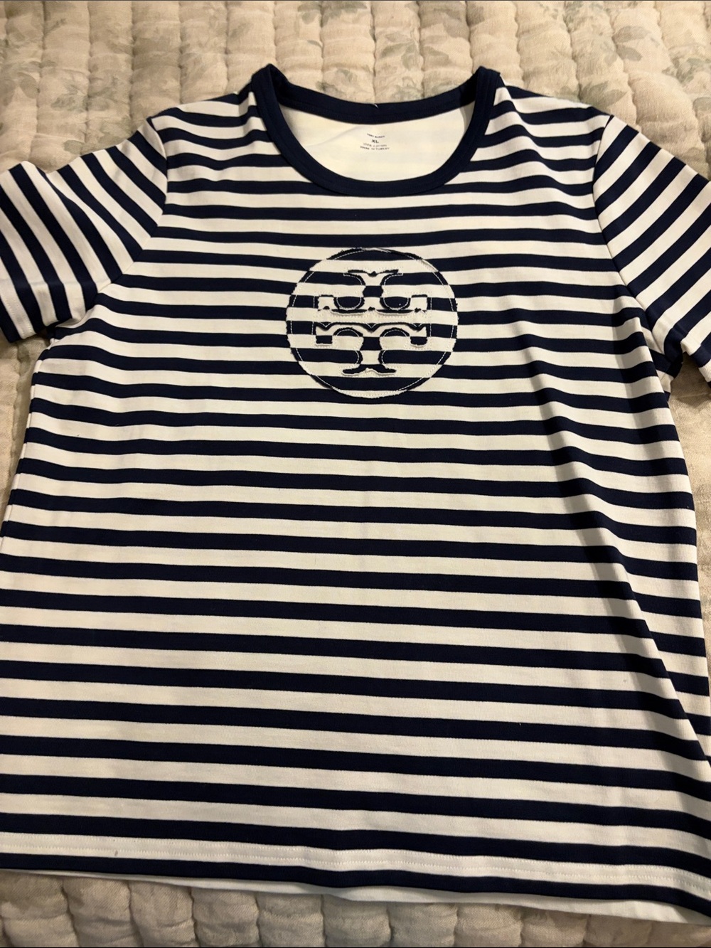 Tory Burch Navy and White Striped Crewneck Tee